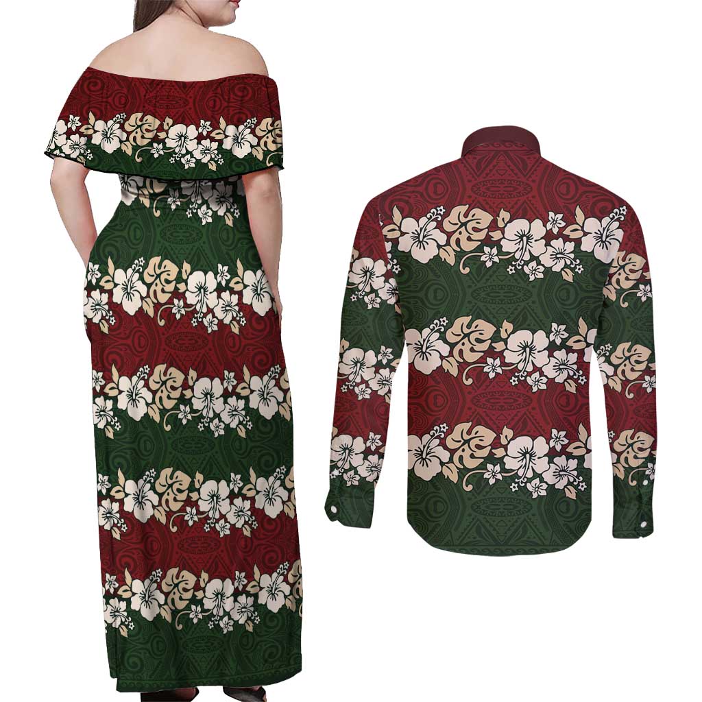 Hawaiian Hibiscus Christmas Color Couples Matching Off Shoulder Maxi Dress and Long Sleeve Button Shirt Unique