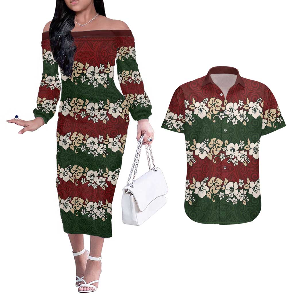 Hawaiian Hibiscus Christmas Color Couples Matching Off The Shoulder Long Sleeve Dress and Hawaiian Shirt Unique