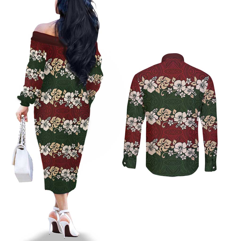 Hawaiian Hibiscus Christmas Color Couples Matching Off The Shoulder Long Sleeve Dress and Long Sleeve Button Shirt Unique LT01 - Polynesian Pride