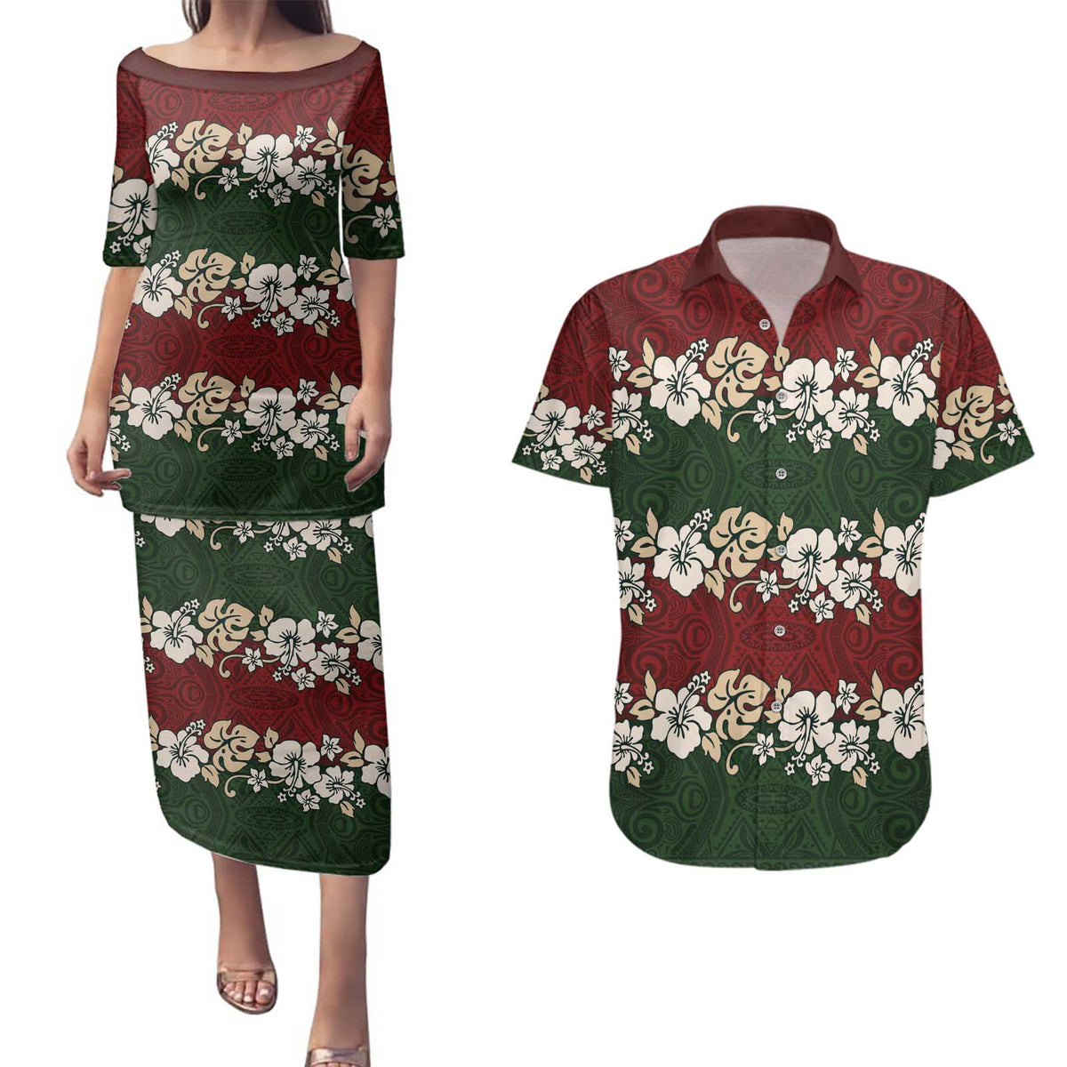 Hawaiian Hibiscus Christmas Color Couples Matching Puletasi and Hawaiian Shirt Unique