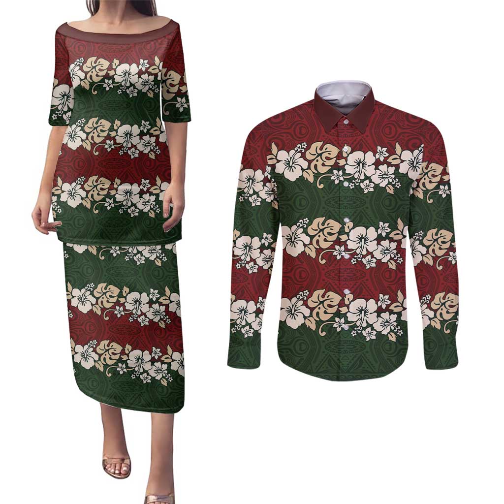 Hawaiian Hibiscus Christmas Color Couples Matching Puletasi and Long Sleeve Button Shirt Unique LT01 Red - Polynesian Pride
