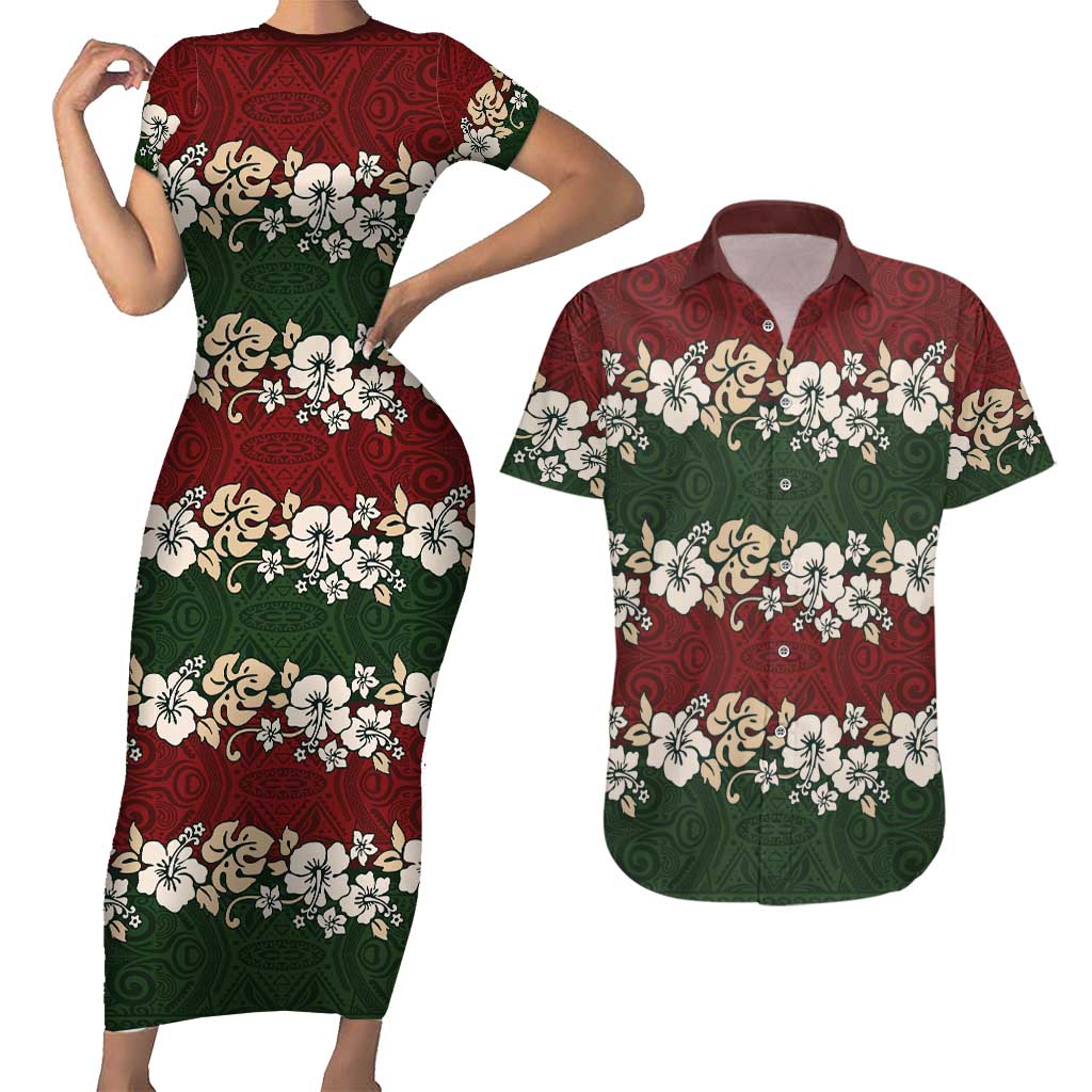 Hawaiian Hibiscus Christmas Color Couples Matching Short Sleeve Bodycon Dress and Hawaiian Shirt Unique LT01 Red - Polynesian Pride