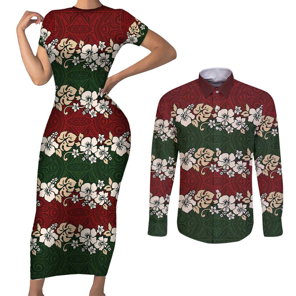 Hawaiian Hibiscus Christmas Color Couples Matching Short Sleeve Bodycon Dress and Long Sleeve Button Shirt Unique LT01 Red - Polynesian Pride