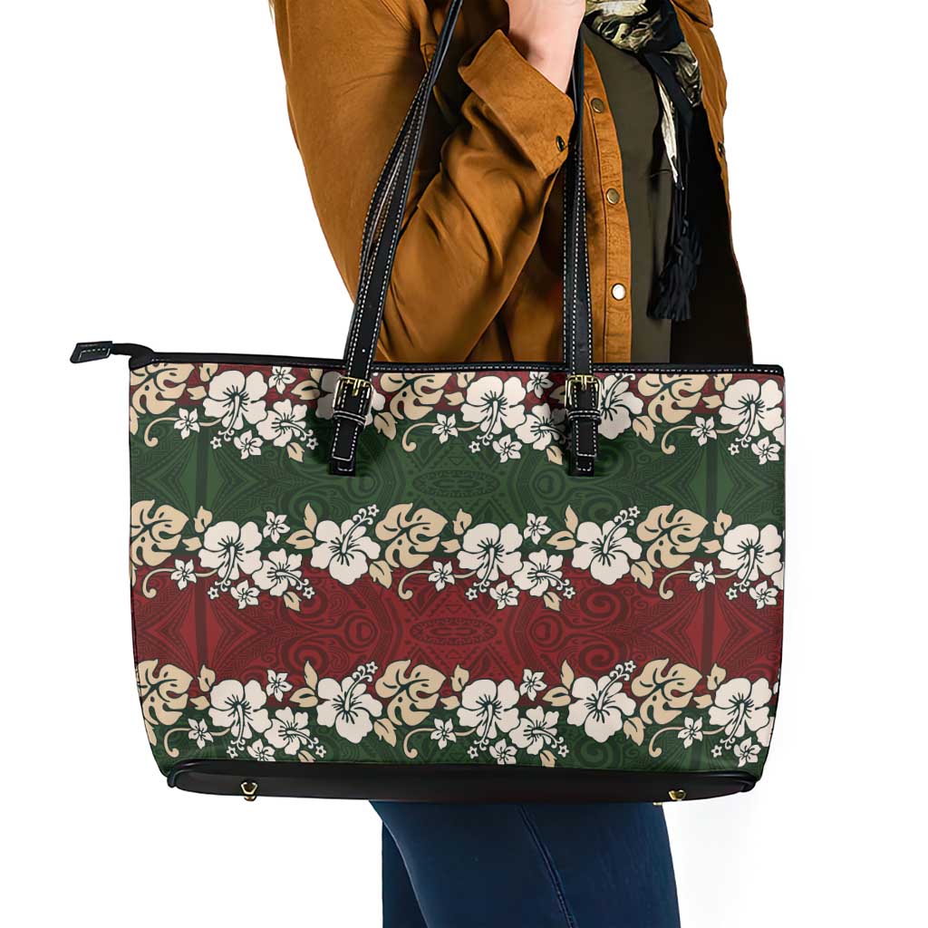 Hawaiian Hibiscus Christmas Color Leather Tote Bag Unique LT01 - Polynesian Pride