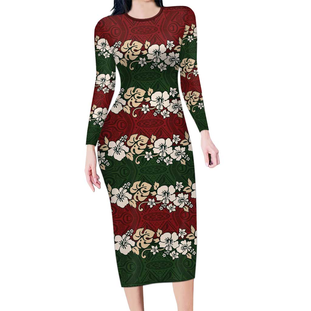 Hawaiian Hibiscus Christmas Color Long Sleeve Bodycon Dress Unique LT01 Long Dress Red - Polynesian Pride