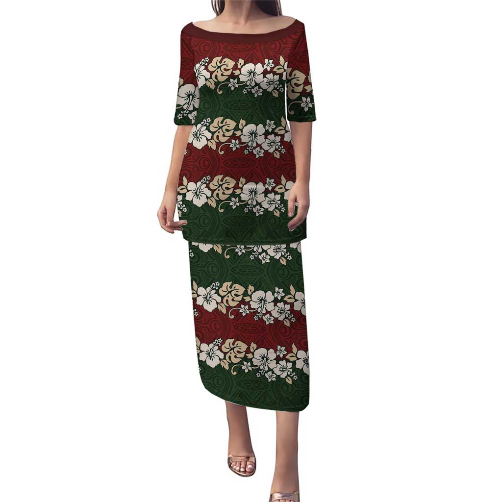Hawaiian Hibiscus Christmas Color Puletasi Unique LT01 Long Dress Red - Polynesian Pride