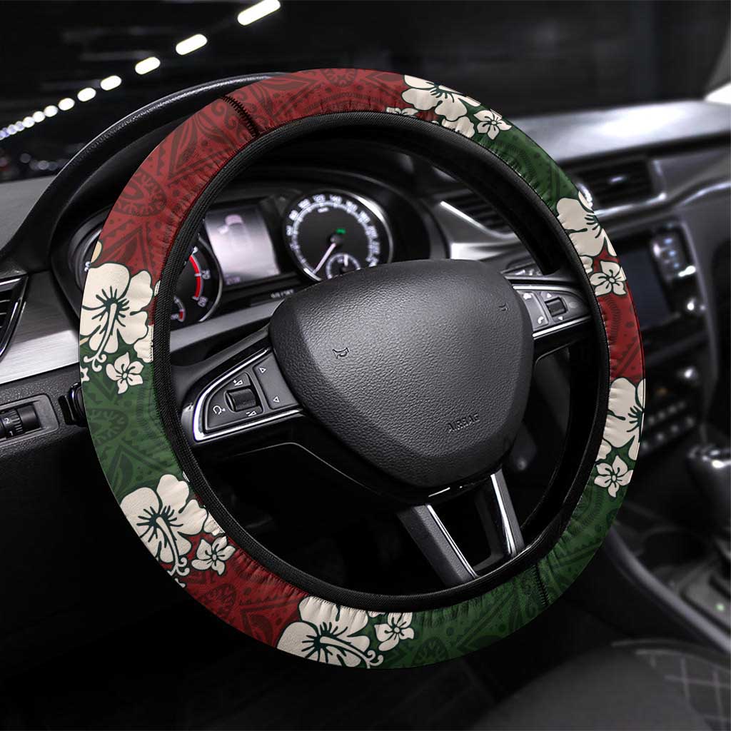 Hawaiian Hibiscus Christmas Color Steering Wheel Cover Unique LT01 Universal Fit Red - Polynesian Pride