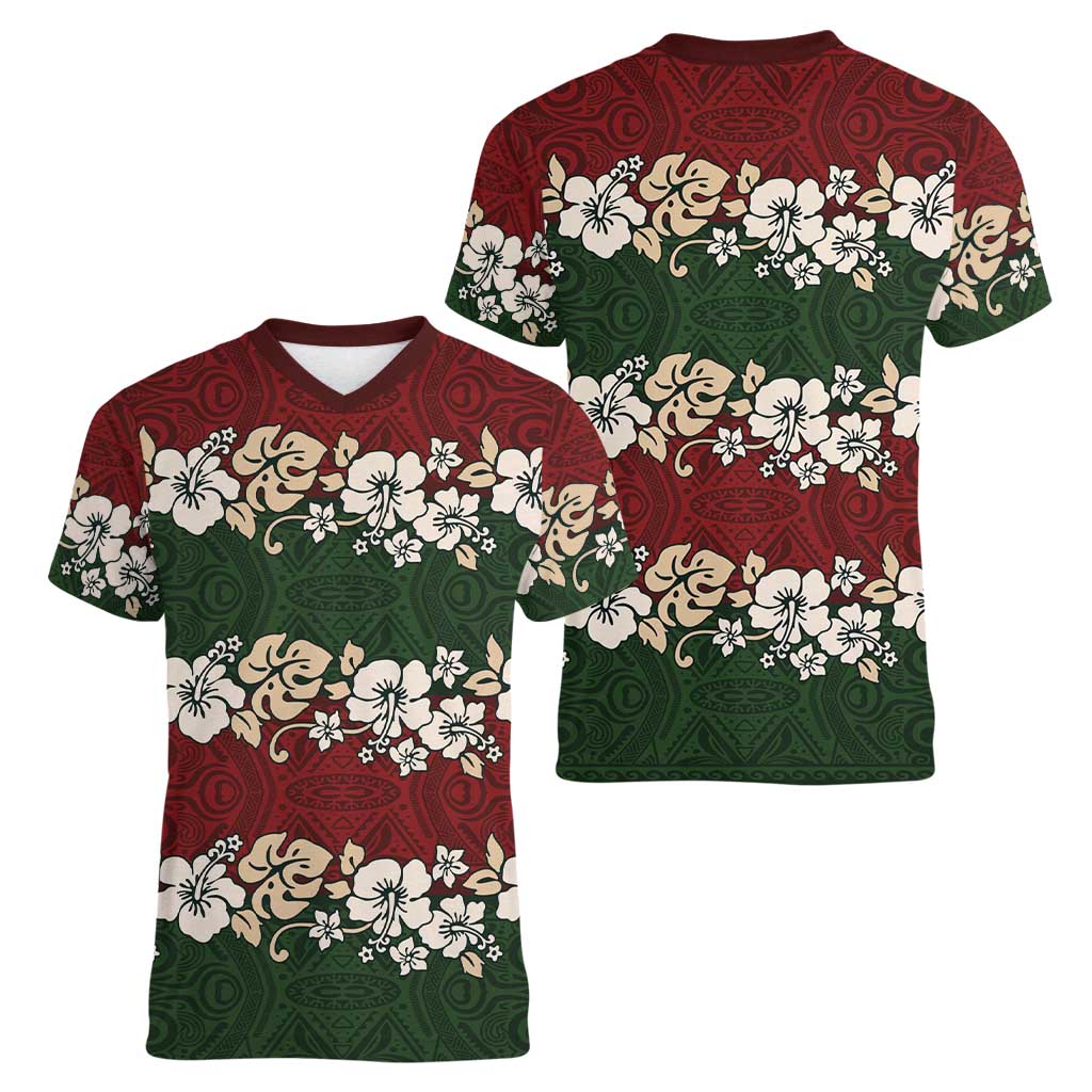 Hawaiian Hibiscus Christmas Color Women V-Neck T-Shirt Unique LT01 - Polynesian Pride