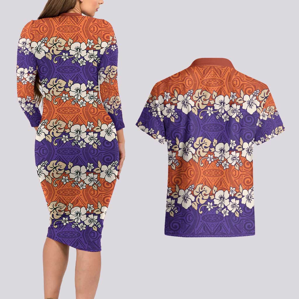 Hawaiian Hibiscus Couples Matching Long Sleeve Bodycon Dress and Hawaiian Shirt Orange and Purple Unique