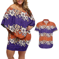 Hawaiian Hibiscus Couples Matching Off Shoulder Short Dress and Hawaiian Shirt Orange and Purple Unique LT01 Orange - Polynesian Pride