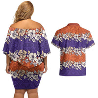 Hawaiian Hibiscus Couples Matching Off Shoulder Short Dress and Hawaiian Shirt Orange and Purple Unique LT01 - Polynesian Pride