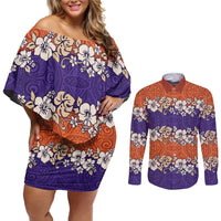 Hawaiian Hibiscus Couples Matching Off Shoulder Short Dress and Long Sleeve Button Shirt Orange and Purple Unique LT01 Orange - Polynesian Pride