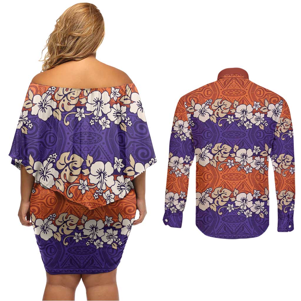 Hawaiian Hibiscus Couples Matching Off Shoulder Short Dress and Long Sleeve Button Shirt Orange and Purple Unique LT01 - Polynesian Pride
