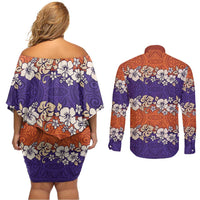 Hawaiian Hibiscus Couples Matching Off Shoulder Short Dress and Long Sleeve Button Shirt Orange and Purple Unique LT01 - Polynesian Pride