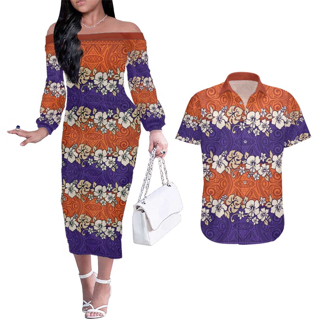 Hawaiian Hibiscus Couples Matching Off The Shoulder Long Sleeve Dress and Hawaiian Shirt Orange and Purple Unique