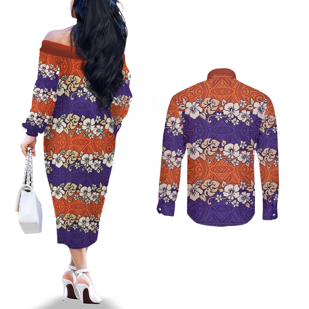 Hawaiian Hibiscus Couples Matching Off The Shoulder Long Sleeve Dress and Long Sleeve Button Shirt Orange and Purple Unique LT01 - Polynesian Pride