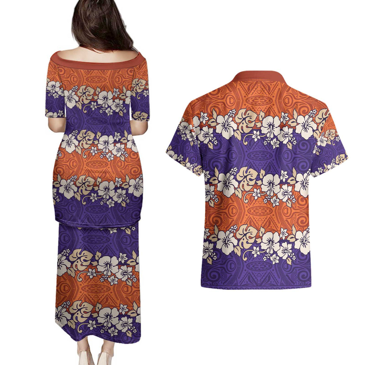 Hawaiian Hibiscus Couples Matching Puletasi and Hawaiian Shirt Orange and Purple Unique LT01 - Polynesian Pride