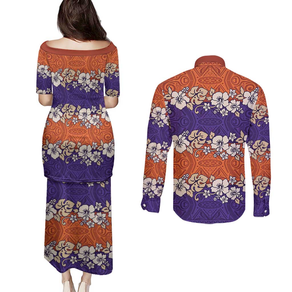 Hawaiian Hibiscus Couples Matching Puletasi and Long Sleeve Button Shirt Orange and Purple Unique LT01 - Polynesian Pride