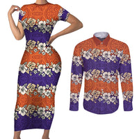 Hawaiian Hibiscus Couples Matching Short Sleeve Bodycon Dress and Long Sleeve Button Shirt Orange and Purple Unique LT01 Orange - Polynesian Pride