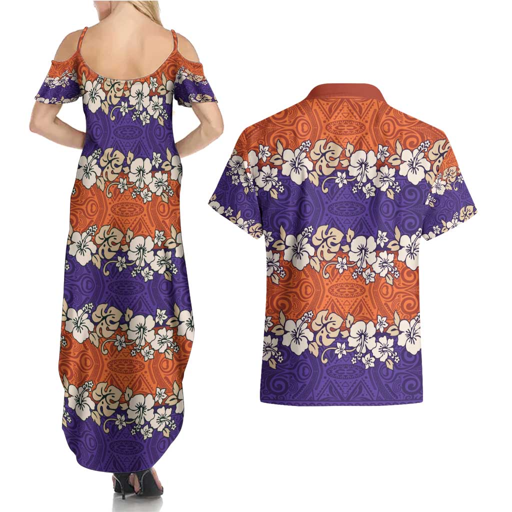 Hawaiian Hibiscus Couples Matching Summer Maxi Dress and Hawaiian Shirt Orange and Purple Unique LT01 - Polynesian Pride