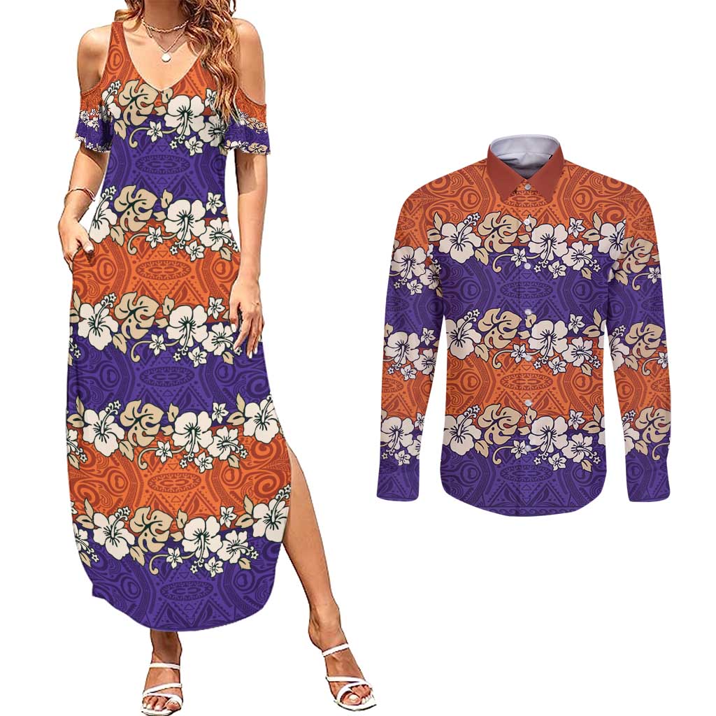 Hawaiian Hibiscus Couples Matching Summer Maxi Dress and Long Sleeve Button Shirt Orange and Purple Unique LT01 Orange - Polynesian Pride