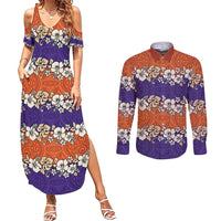 Hawaiian Hibiscus Couples Matching Summer Maxi Dress and Long Sleeve Button Shirt Orange and Purple Unique LT01 Orange - Polynesian Pride