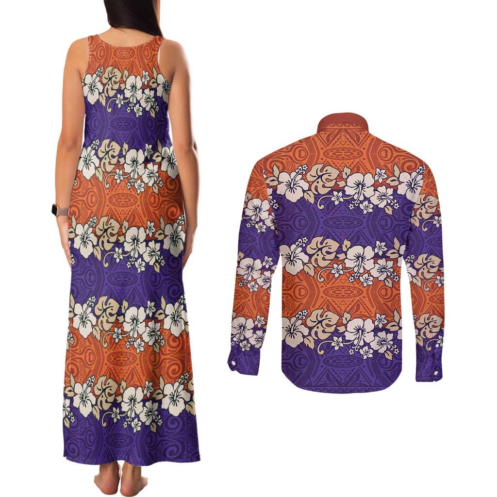 Hawaiian Hibiscus Couples Matching Tank Maxi Dress and Long Sleeve Button Shirt Orange and Purple Unique LT01 - Polynesian Pride