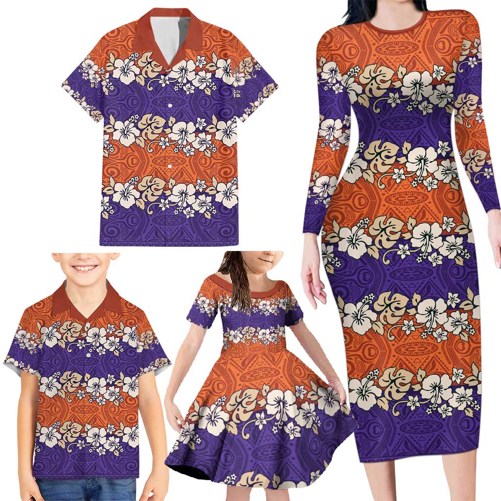 Hawaiian Hibiscus Family Matching Long Sleeve Bodycon Dress and Hawaiian Shirt Orange and Purple Unique