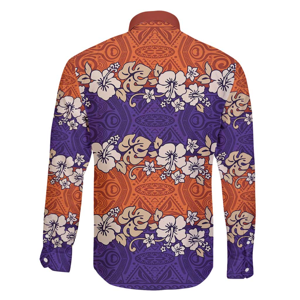 Hawaiian Hibiscus Family Matching Long Sleeve Bodycon Dress and Hawaiian Shirt Orange and Purple Unique