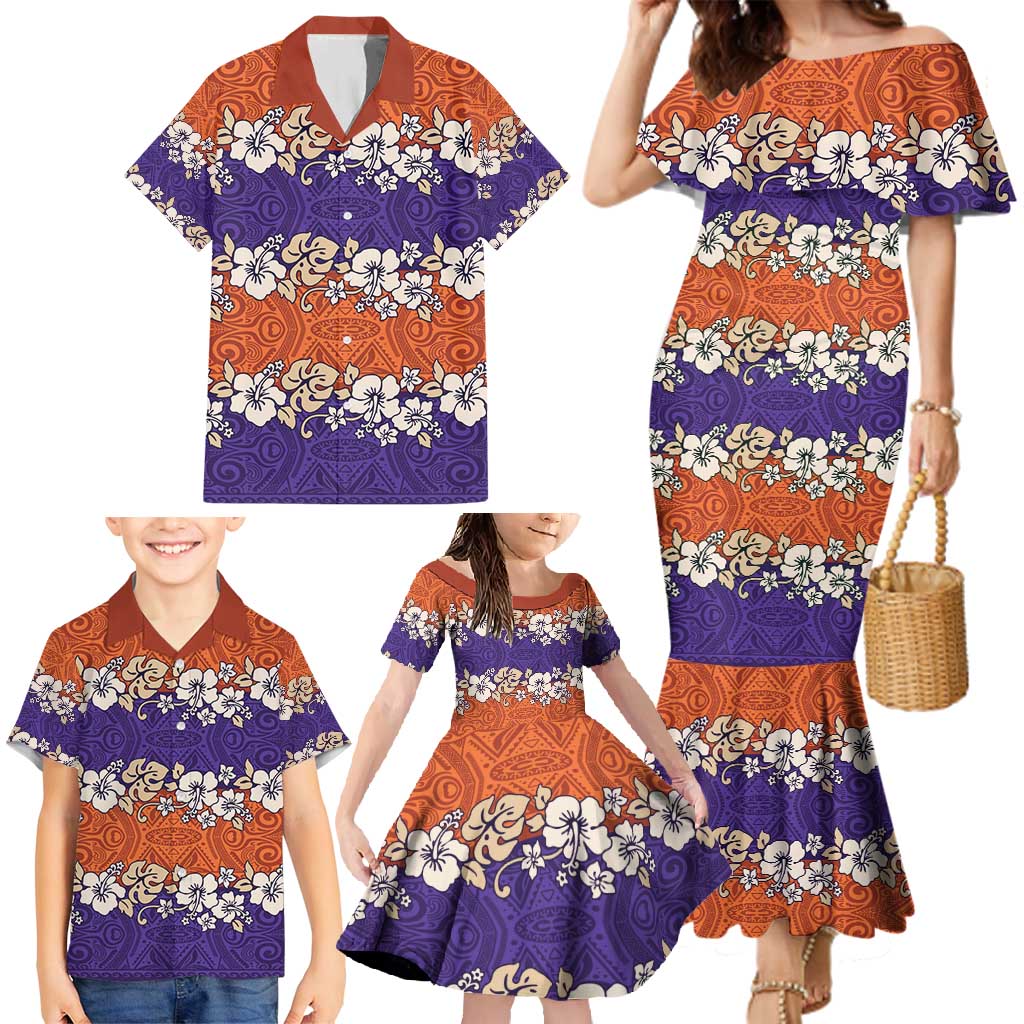 Hawaiian Hibiscus Family Matching Mermaid Dress and Hawaiian Shirt Orange and Purple Unique