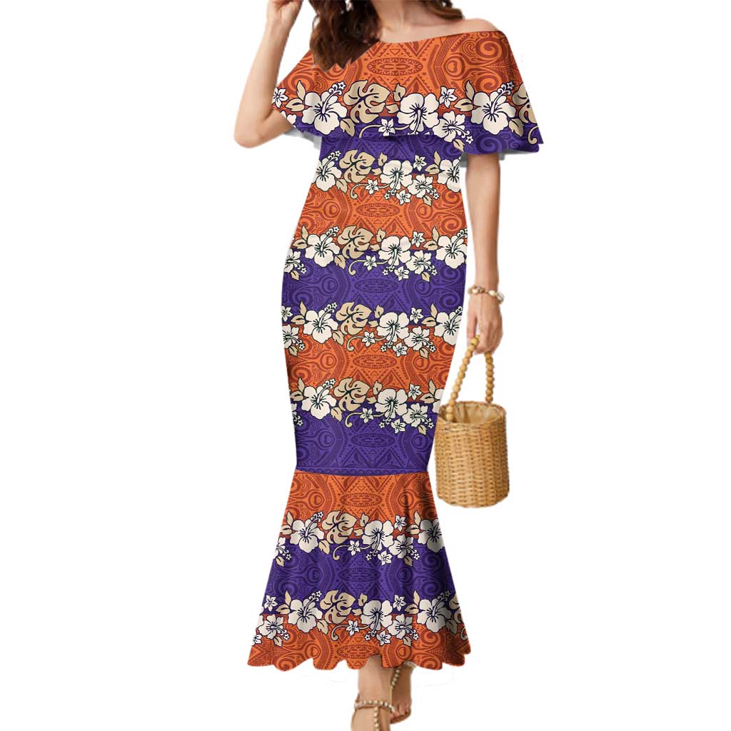 Hawaiian Hibiscus Family Matching Mermaid Dress and Hawaiian Shirt Orange and Purple Unique