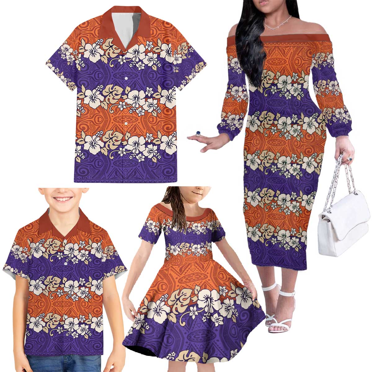 Hawaiian Hibiscus Family Matching Off The Shoulder Long Sleeve Dress and Hawaiian Shirt Orange and Purple Unique