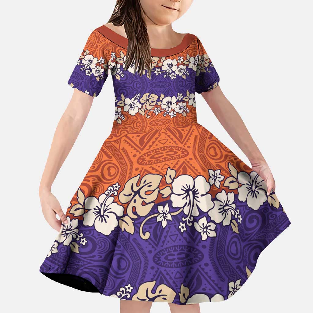 Hawaiian Hibiscus Family Matching Off Shoulder Maxi Dress and Hawaiian Shirt Orange and Purple Unique LT01 Daughter's Dress Orange - Polynesian Pride