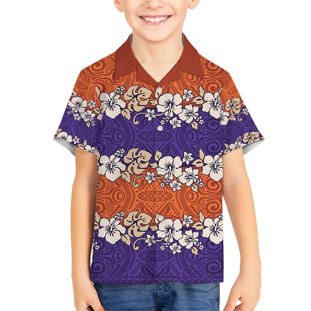 Hawaiian Hibiscus Family Matching Off Shoulder Short Dress and Hawaiian Shirt Orange and Purple Unique