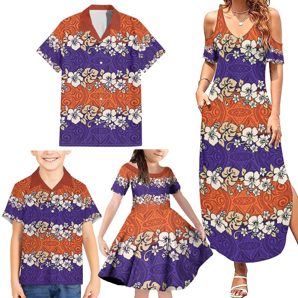 Hawaiian Hibiscus Family Matching Summer Maxi Dress and Hawaiian Shirt Orange and Purple Unique LT01 - Polynesian Pride