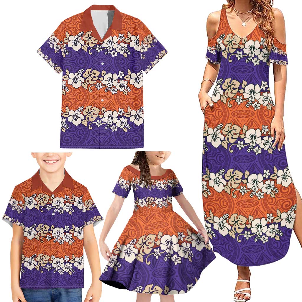 Hawaiian Hibiscus Family Matching Summer Maxi Dress and Hawaiian Shirt Orange and Purple Unique