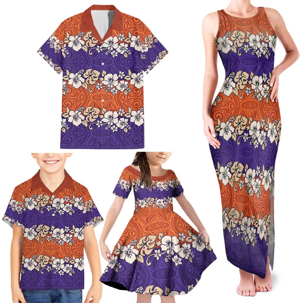 Hawaiian Hibiscus Family Matching Tank Maxi Dress and Hawaiian Shirt Orange and Purple Unique