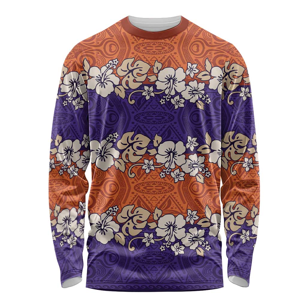 Hawaiian Hibiscus Long Sleeve Shirt Orange and Purple Unique