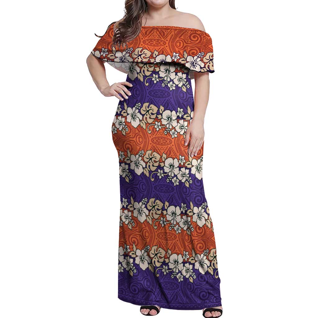 Hawaiian Hibiscus Off Shoulder Maxi Dress Orange and Purple Unique LT01 Women Orange - Polynesian Pride