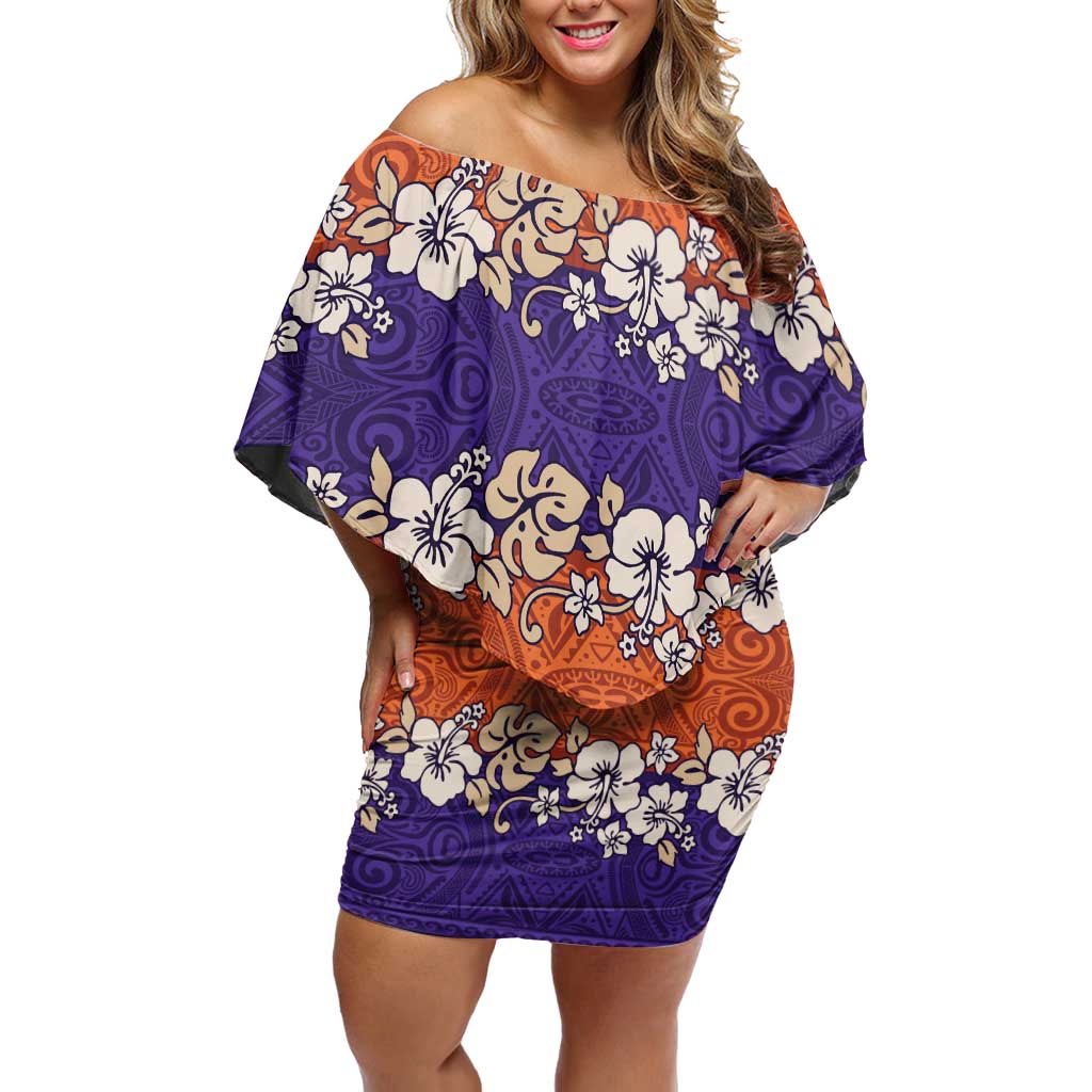 Hawaiian Hibiscus Off Shoulder Short Dress Orange and Purple Unique LT01 Women Orange - Polynesian Pride