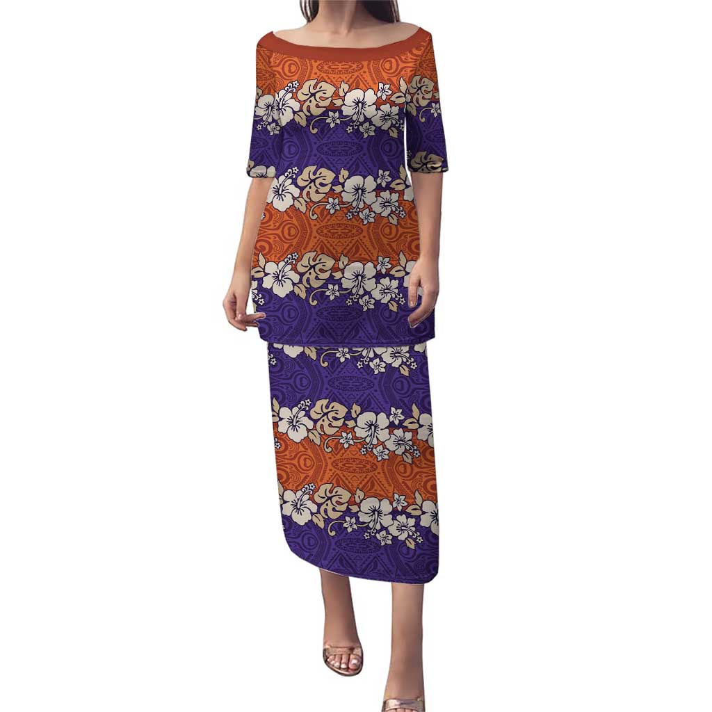 Hawaiian Hibiscus Puletasi Orange and Purple Unique LT01 Long Dress Orange - Polynesian Pride