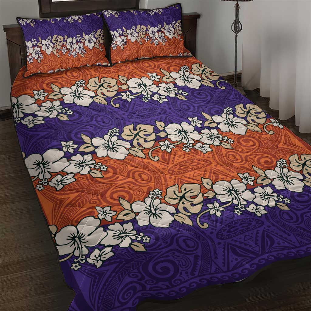 Hawaiian Hibiscus Quilt Bed Set Orange and Purple Unique