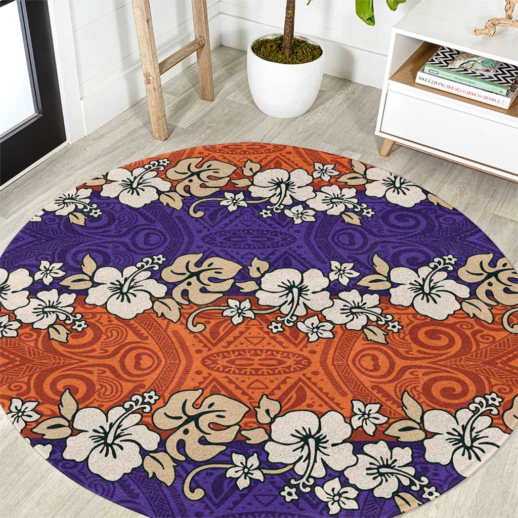 Hawaiian Hibiscus Round Carpet Orange and Purple Unique