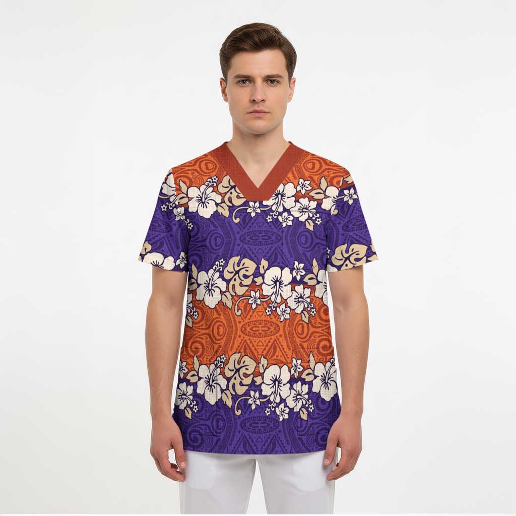 Hawaiian Hibiscus Scrub Top Orange and Purple Unique - Polynesian Pride