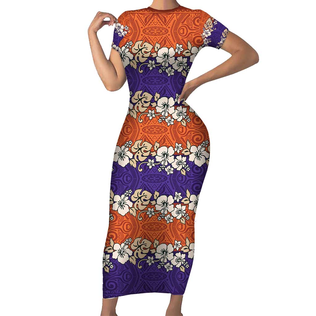 Hawaiian Hibiscus Short Sleeve Bodycon Dress Orange and Purple Unique