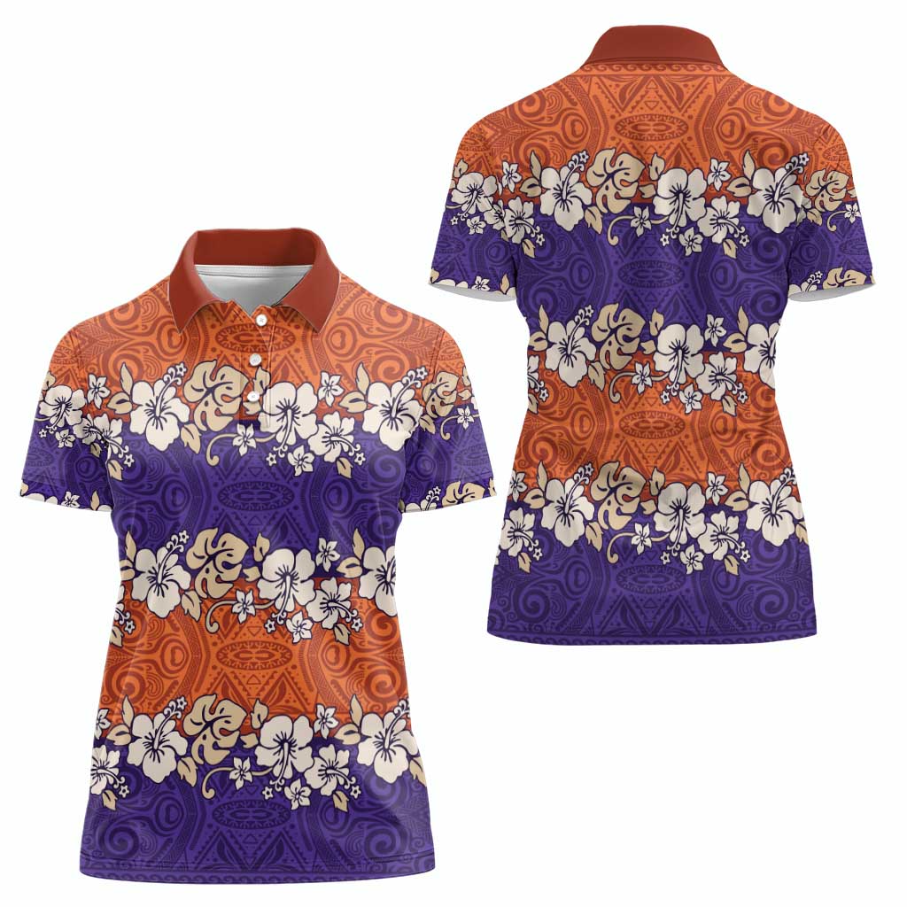 Hawaiian Hibiscus Women Polo Shirt Orange and Purple Unique