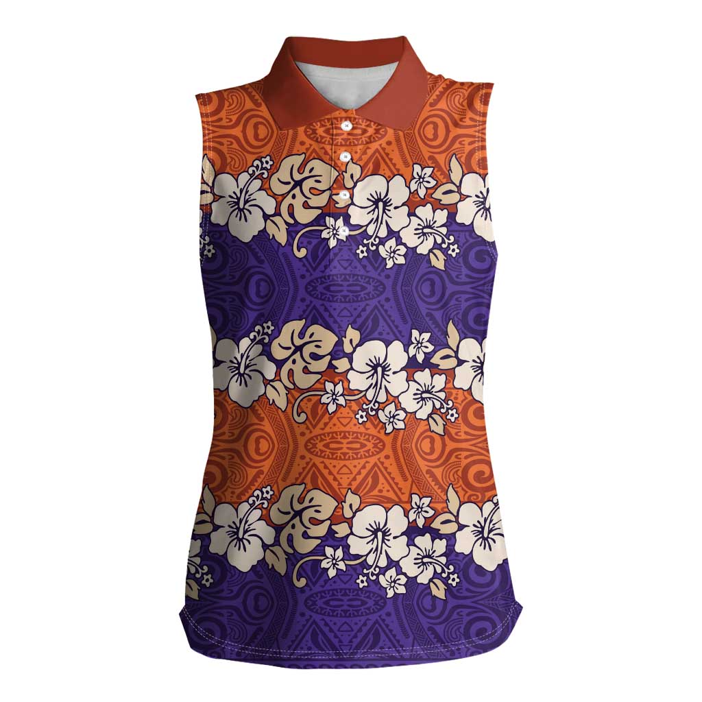 Hawaiian Hibiscus Women Sleeveless Polo Shirt Orange and Purple Unique