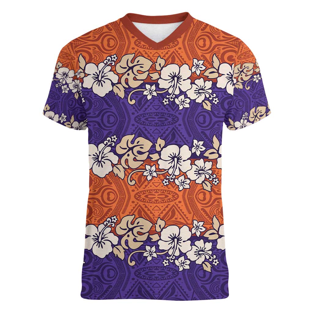Hawaiian Hibiscus Women V-Neck T-Shirt Orange and Purple Unique