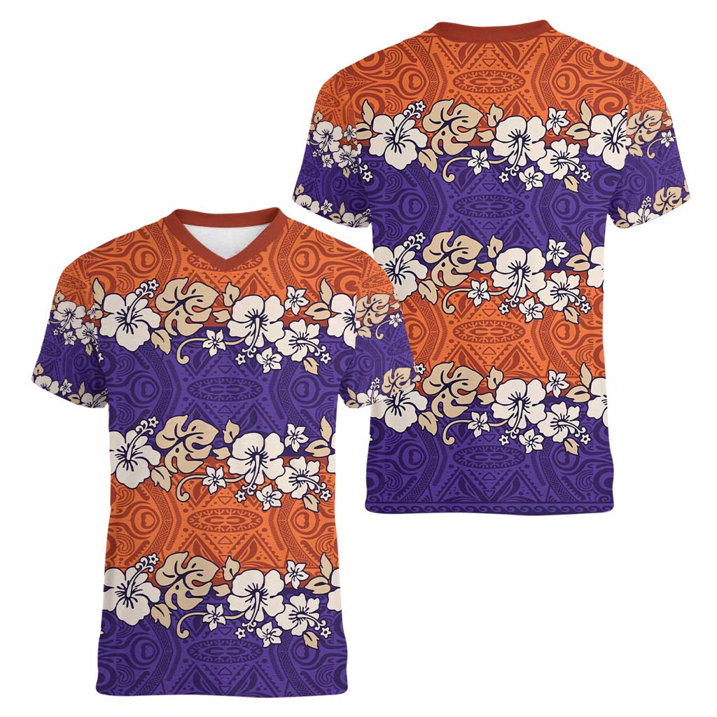 Hawaiian Hibiscus Women V-Neck T-Shirt Orange and Purple Unique