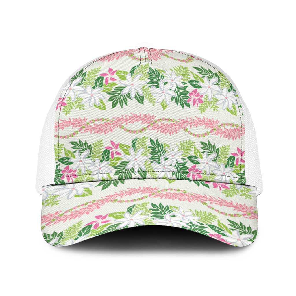 Monstera Tiare Plumeria Lei Pattern Baseball Net Cap Green Version LT01 One Size White Green - Polynesian Pride